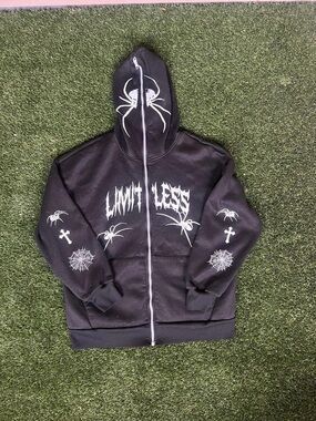 ROMWE Black Zip-Up Hoodie with White Spider & "LIMITLESS" Graphic